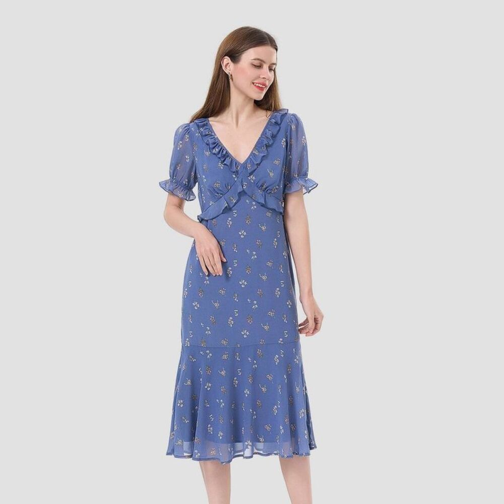 Women's Puff Short Sleeve Ruffle Midi Dress - Universal Thread Blue Floral M